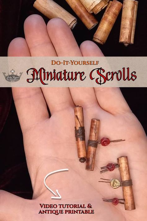 An antique Medieval scroll printable and free DIY YouTube tutorial showing how to make miniature (1:12 scale) manuscript scrolls. Both vertical and horizontal, these enchanting mini Medieval scrolls are tied up with miniature leather cord and twine, and sealed with mini stamps and real wax seals! 💗Create captivating pendant seals and an umbilicus to unfurl and reroll the horizontal scroll! This printable is double-sided and makes a set of 2 scrolls #miniaturescrollstutorial #miniaturescrollsdiy Miniature Globe Diy, Mini Scrolls Diy, How To Make A Scroll Diy, Mini Doll House Diy Free Printables, 1/12 Miniatures, Miniature Printables Free, 1 12 Scale Miniatures Printables Free, Making Miniatures Diy, Free Miniature Printables 1:12