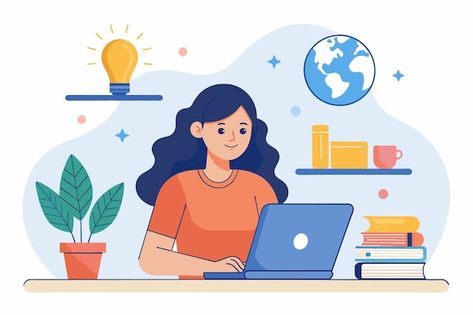 Study Vector, Online Education Illustration, Remote Work Illustration, Working On Computer Illustration, Working On Laptop Illustration, Minimalist Flat, Flat Vector Illustration, Logo Psd, Woman Sitting