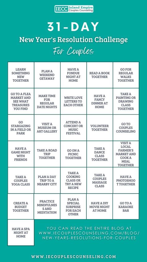 You might be thinking about new year’s resolutions like millions of other people. Maybe you’re considering joining a gym, starting a business, or starting just one habit. Have you considered setting some new year’s resolutions with your partner with the goal of becoming closer as a couple? www.IEcouplescounseling.com/blog/new-years-resolutions-for-couples Relationship Resolutions, Vision Board Categories, New Years Resolution List, Resolution List, Couple Activities, New Year Goals, Couples Counseling, Get My Life Together, Falling In Love Again