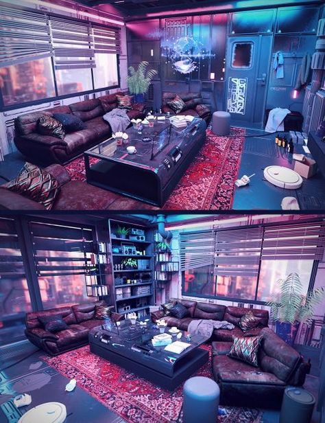 Cyberpunk Studio Apartment, Grunge Living Room, Cyberpunk Living Room, Cyberpunk Interior Design, Cyberpunk Apartment, Cyberpunk Interior, Retro Cyberpunk, Art Final, Condo Living Room