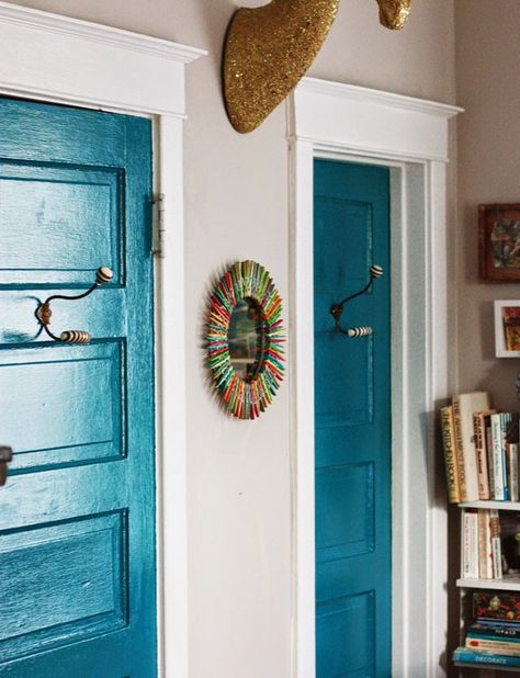 Colored Interior Doors, Interior Door Paint Colors, Blue Interior Doors, Aunt Peaches, Interior Door Colors, Diy Interior Doors, Painted Interior Doors, Blue Doors, Black Interior Doors