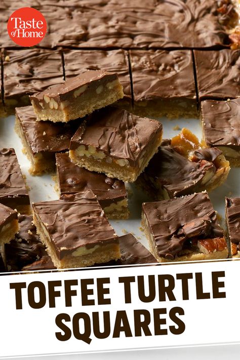 Turtle Cookie Bars Recipe, Thanksgiving Squares, Easy Squares Recipe, Turtle Squares, Desserts Bars, Toffee Squares, Turtle Bars, Bar Desserts, Toffee Recipe