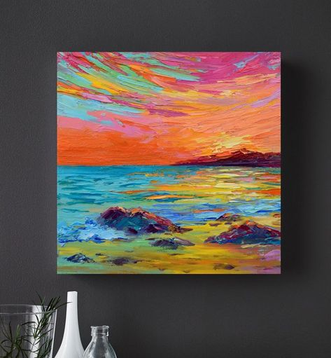 Seascape Painting Original Art 8 by 8 “ Colorful Sunset Art Ocean Coastal Artwork Beach Painting Rock Wall Art Coastal Artwork Beach Paintings, Sunset Art Painting, Seaside Art, Colorful Sunset, Canvas Painting Tutorials, Cute Canvas Paintings, Small Artwork, Abstract Art Inspiration, Water Art