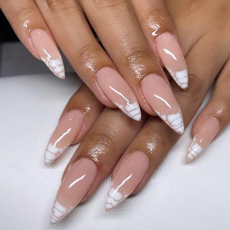 Croc Nails Almond Shape, Almond Nails With Colored French Tip, Different Design French Tip Nails, Melting French Tip Nails, Snake Skin French Tip Nails Almond, Gel Nail Designs Medium Length Almond, Almond White Design Nails, White Snake Skin French Tip Nails, Croc Print French Tip Nails Almond