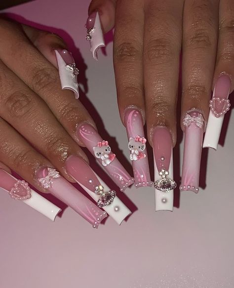 Xl Long Acrylic Nails Hello Kitty, Bling Hello Kitty Nails, Long Hello Kitty Nails, Hello Kitty Nails Long, Xl Nails, Gyaru Nails, Nail Aesthetic, Kitty Nails, Hello Kitty Nails