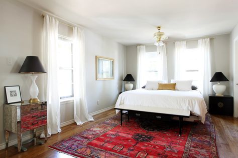 master bedroom | erin williamson | Flickr Boutique Bedroom, Red Rug Bedroom, Persian Rug Bedroom, Bedroom Red, Sunrooms, Bedroom Carpet, Red Rug, Living Room Carpet, Wall Color