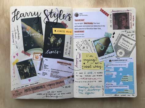 Harry Styles Notebook Ideas, Harry Styles Journal Aesthetic, Scrapbook Ideas For Concerts, Concert Memory Book, Show Journal Ideas, Personal Scrapbook Ideas, Harry Styles Scrapbook Ideas, Scrapbook Ideas Concert, Concert Scrapbook Page