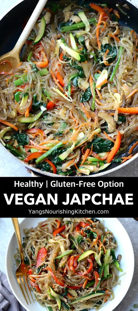 Vegan Japchae Jap Chae Recipe, Vegan Japchae, Japchae Recipe Korean, Jap Chae, Korean Sweet Potato Noodles, Korean Sweet Potato, Party Side Dishes, Korean Kitchen, Noodle Dish