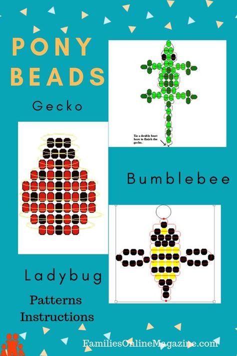 Pony Bed Patterns - Ladybug, Bumble Bee and Gecko. #BeadingPatterns #BeadedInstructions #PerlerBeadInstructions Bead Gecko, Bead Animals Patterns Easy, Bead Critters, Bead Buddies, Pony Bead Animals, Bead Animals, Pony Bead Projects, Diy Lanyard, Pony Bead Crafts