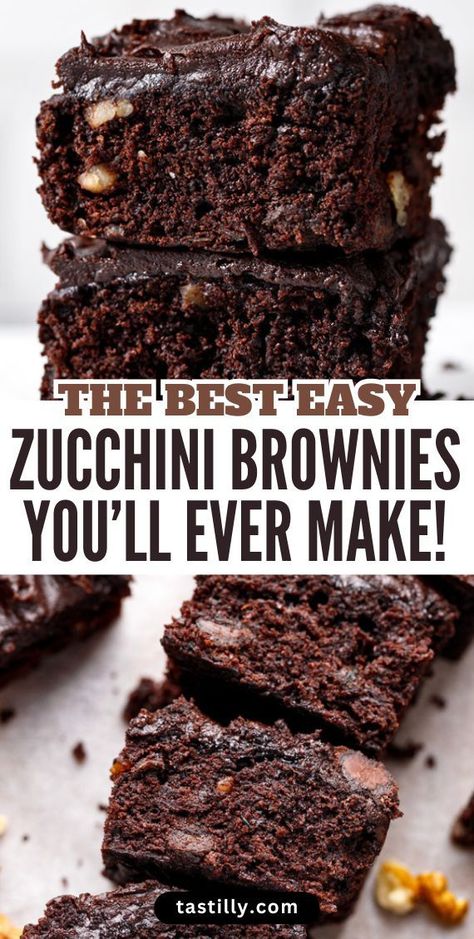 Looking for a quick and nutritional dessert for both kids and adults? These moist, fudgy, chocolatey Zucchini Brownies are what you need. Shredded zucchini is the main ingredient, which adds moisture, tenderness, and a nutritious twist – but at the same time makes these brownies less caloric. Give these Zucchini Brownies with a rich chocolate taste and amazing texture a try! Zucchini Brownie Recipes, Shredded Zucchini Recipes Desserts, Zucchini Brownies Recipes, Zucchini Brownies Healthy, Brownie Recepie, Brownies With Zucchini, Easy Zucchini Brownies, Zucchini Baking Recipes, Shredded Zucchini Recipes