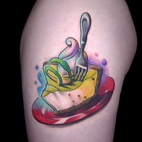 Key Lime Pie Tattoo by Jerrel Larkins Key Lime Pie Tattoo, Pie Tattoo, Feather Outline, Food Tattoos, New School Tattoo, Ink Master, Lime Pie, School Food, Key Lime Pie