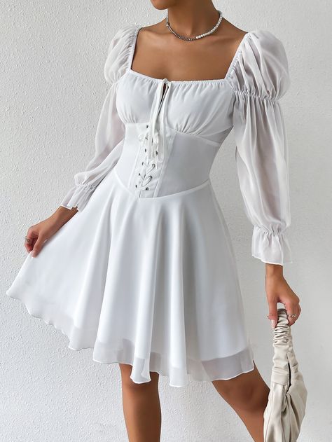 Corset Top White Dress, White Long Sleeve Flowy Dress, White Graduation Dress College Long Sleeve, Pirate White Dress, White Pirate Dress, White Medieval Dress Short, Short White Pirate Dress, White Dress With Corset, White Corset Dress With Puff Sleeves And Ruffles