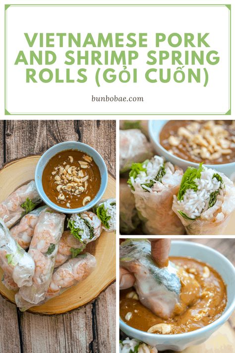 This traditional Vietnamese spring roll (gỏi cuốn) recipe is fresh, healthy and full of herbs and veggies. They're irresistible paired with the creamy peanut sauce! Pork Spring Rolls Vietnamese, Shrimp And Pork Spring Rolls, Pork Belly Spring Rolls, Fresh Spring Rolls With Peanut Sauce, Pork Summer Rolls, Spring Rolls Pork, Shrimp Spring Roll Recipe, Summer Rolls With Peanut Sauce, Spring Rolls Recipe Shrimp