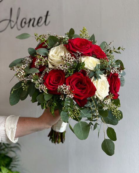 Red And White Christmas Wedding Bouquet, Bridal Bouquet Red And White Roses, Red And Silver Wedding Bouquet, Bouquet Of Flowers Wedding Red, Bridal Bouquet With Red Roses, Red Bridal Flowers Bouquet, Bouquet Wedding Red And White, Red And Eucalyptus Wedding, Red Flower Prom Bouquet