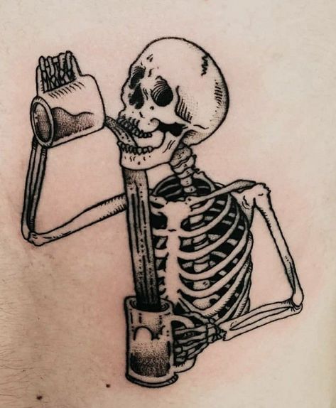 beer tattoo Skeleton With Beer Tattoo, Mens Skeleton Tattoo, Men Skeleton Tattoo, Skeleton Beer Tattoo, Skeleton Tattoo For Men, Skeleton Drinking Tattoo, Skeleton Flash Tattoo, American Traditional Skeleton Tattoo, Funny Tattoo Ideas For Men