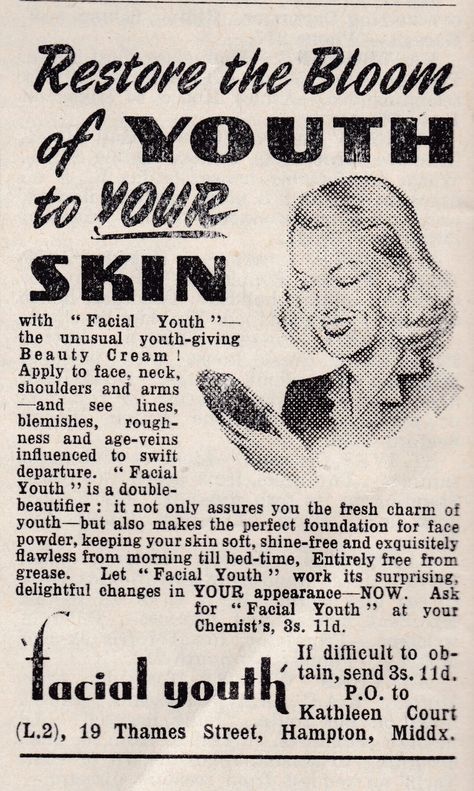 https://www.flickr.com/photos/146039774@N06/31526005574/in/pool-vintage_advertising/ Old Beauty Ads, Vintage Esthetics, Vintage Skincare Ads, Vintage Skincare Aesthetic, Vintage Beauty Ads, Spa Advertising, Makeup Illustration, Vintage Makeup Ads, Esthetician Marketing