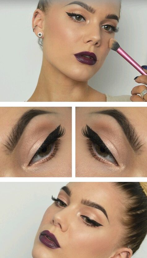 Lips Maroon Eye Makeup, Champagne Eyeshadow, Bold Eyeliner, Trendy Eyeshadow, Linda Hallberg, Dark Lipstick, Purple Lips, Purple Lipstick, Smoky Eyes