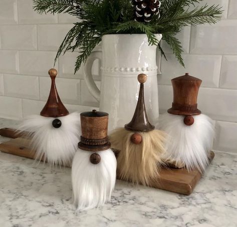 ZZ Top influenced wood turned gnomes of oak, cherry, mahogany. Gnome Hats, Acrylic Sculpture, Lathe Projects, Christmas Wood Crafts, Christmas Inspo, Wood Turning Projects, Wood Christmas Ornaments, Wooden Projects, Wood Lathe