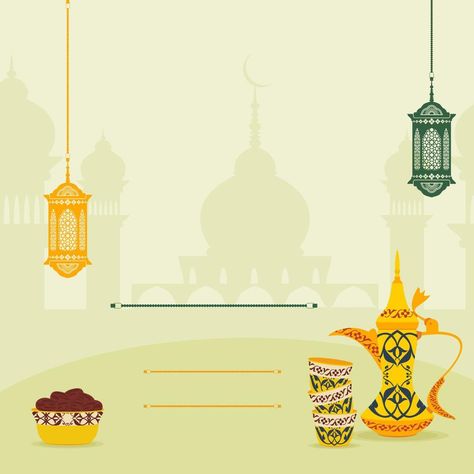 Editable Iftar Party Vector Background Concept Using Hanging Arab Lamp and Gahwa Coffee Also A Bowl of Date Palm Fruits in Front of Mosque Silhouette for Poster or Invitation Card of Islamic Moments Iftar Poster Background, Iftar Meet Poster Background, Iftar Party Poster, Iftar Party Invitation, Iftar Invitation, Party Vector, Mosque Silhouette, Iftar Party, Ramadan Background