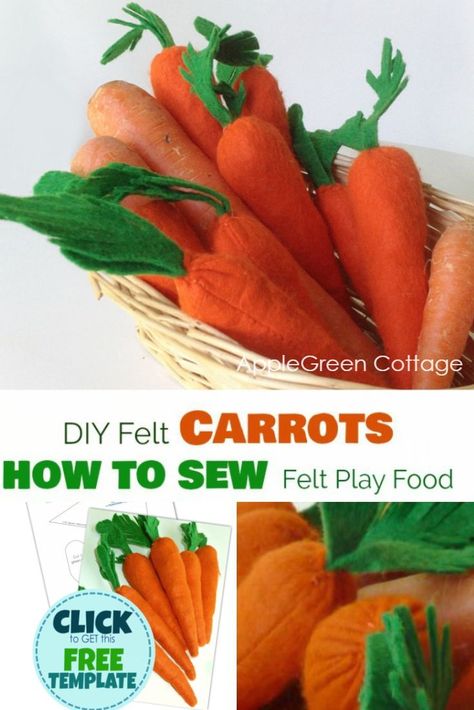 Learn how to make felt carrots, using this free template and tutorial. Do your kids love felt play food? Make a few felt carrots using this tutorial to start your felt play food collection, and then check out my favorite 7 felt food tutorials I have for you. Easy and quick to make, this felt carrot tutorial comes with a free PDF template! #feltfood #feltcarrots Play Food Diy, Spring Sewing Projects, Felt Carrot, Sewing Felt, Sew Felt, Felt Toys Diy, Felt Food Diy, Felt Food Patterns, Food Tutorials