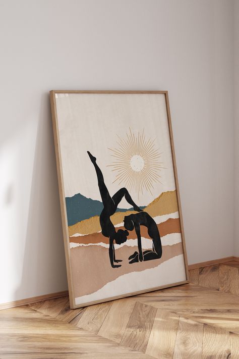 With this yoga art print you'll transform your home into a place of power for your daily yoga routine. Add some celestial vibes to your home decor and create a place that radiates positive energy, invites you to relax and helps you engage in self-encountering, meditation and yoga. Discover how to easily transform your home into a positive and peaceful space with inspirational printable wall art. Visit my Etsy shop and update your walls today! Simply download, print, and frame. Boho Yoga Room, Yoga Inspiration Art, Daily Yoga Routine, Space Wall Decor, Yoga Kunst, Yoga Room Decor, Peaceful Space, Yoga Wall Art, Yoga Prints