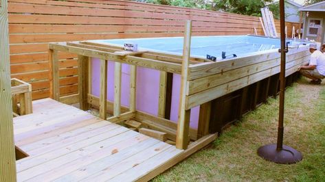 Swimming Pool Made From Dumpster | Gentlemint Dumpster Pool, Pool Structure, Deck Piscina, Pool Deck Plans, Container Pool, Hgtv Garden, Stock Tank Pool, Above Ground Pools, Outdoor Remodel