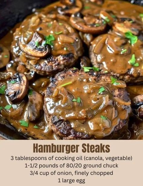 Hamburger Steaks with Onion Mushroom Gravy – Recipecs Mushroom Hamburger Recipes, Hamburger Cream Of Mushroom, Hamburger Steak With Mushroom Gravy, Hamburger Steak With Brown Gravy, Polish Sausage Sauerkraut And Potatoes, Sauerkraut And Potatoes, All Recipes Banana Bread, Baked Hamburgers, Hamburger Steak And Gravy