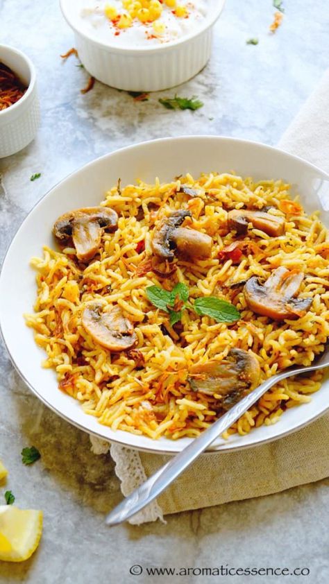 Mushroom Pulao | Mushroom Pilaf (V+GF) - Aromatic Essence Mushroom Pulao, Mushroom Pilaf, Spicy Mushroom, Vegan Mushroom, One Pot Meal, Rice Grain, Coriander Powder, Garlic Paste, Chopped Tomatoes