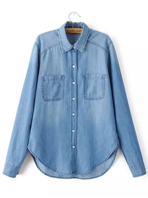 Blue Long Sleeve Pockets Denim Blouse.  -SheIn Kemeja Jeans, Fashion Boyfriend, Perfume Chanel, Ripped Shirts, Curved Hem Shirt, Ripped Jeggings, Oversized Denim Shirt, Blue Shirts, Blue Denim Shirt