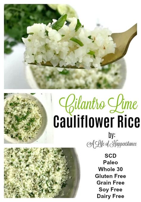 This cilantro lime cauliflower rice recipe is a healthy, low carb alternative to traditional rice. It cooks in less than 10 minutes and has a light, fresh flavor. The recipe follows the specific carbohydrate diet (SCD), Paleo, low calorie, and Whole30. It's gluten free, grain free, dairy free, soy free, and added sugar free. Keto Supper, Paleo Veggies, Lime Cauliflower Rice, Whole30 Vegan, Cilantro Lime Cauliflower Rice, Keto Side, Plant Paradox, Dish Ideas, Resep Diet