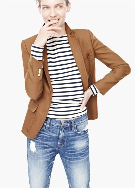 Women's Clothing | J.Crew | Casual kleding, Kleding stijlen, Kleding Pijamas Women, Camel Blazer, Looks Jeans, J Crew Style, Brown Blazer, Striped Long Sleeve Tee, 가을 패션, Outfits Casual, Looks Style