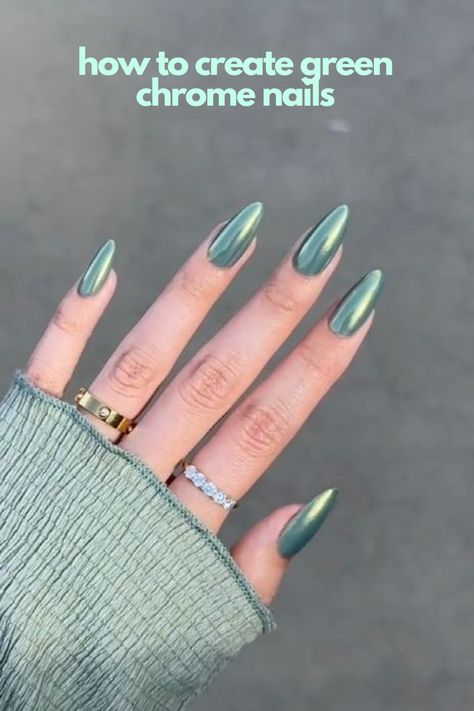 Elevate your nail game with this stunning green chrome powder nail art tutorial. Learn how to apply green chrome powder on your nails to achieve a mesmerizing mirror-like finish. Perfect for adding a pop of color to your look, this trendy manicure idea is a must-try! #greennails #chromenails #nailart #manicure #powdernails Nails With Powder, Jade Chrome Nails, Solid Color Chrome Nails, Nails Green Chrome, Green Chrome Almond Nails, Green Nails Glitter, Green Mirror Nails, Jewel Tone Chrome Nails, Dark Green Chrome Acrylic Nails