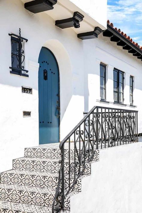 Mediterranean Decor COCOCOZY Design House - Front Door Restore | COCOCOZY Mediterranean Decor Tile Stairs Outdoor, Arch Doorways, Portugal Kitchen, Spanish Finca, Style Hacienda, Spanish Homes, Mexican House, Outdoor Tile, Spanish Bungalow