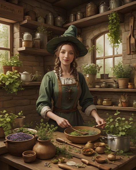 Amidst the aromatic swirls of spices and simmering potions, the kitchen witch conjures culinary enchantments with a dash of magic and a sprinkle of love 🥐🥞🍩🥧 for @rowan_lewgalon_aiart | #aiweekofwitchesmarch24 #aiartdaily #aichallenge #kitchenwitch #witch #magicalai #aiart #digitalart #fantasy #kitchen #mystical Fantasy Art Witch, Apothecary Photoshoot, Tea Witch Aesthetic, Witch's Kitchen, Kitchen Witch Outfit, Halloween Fantasy Art, Herbal Witch Aesthetic, Tea Witch, Potion Witch