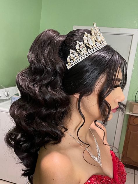 Quinceanera Hairstyles High Ponytail, Quince Hairstyles Ponytail, Red Quinceanera Hair, Quince Hair With Bangs, Quince Hairstyles Straight Hair, Quince Hairstyles With Crown Curls, Quinceanera Hairstyles Front And Back, Quinceanera Hairstyles Ponytail, Quinceanera Hairstyles Shoulder Length