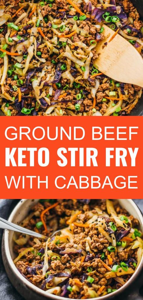 This is a super fast and easy stir fry dinner with ground beef, cabbage, carrots, and scallions. A low carb, keto recipe. Stir Fry Dinner, Ground Beef Cabbage, Keto Stir Fry, Ground Beef Keto Recipes, Ground Beef And Cabbage, Beef Cabbage, Easy Stir Fry, Dinner With Ground Beef, Ground Beef Recipes For Dinner