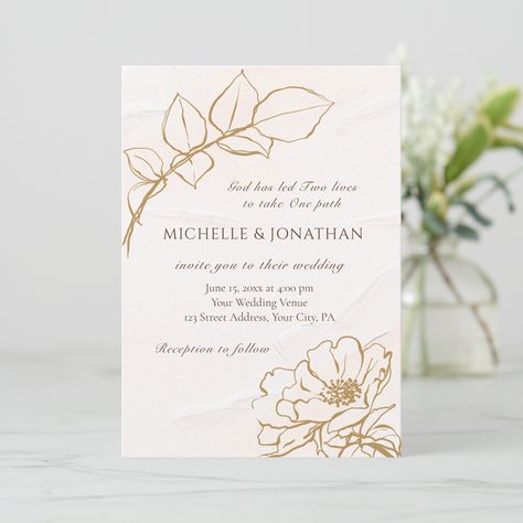 Elegant Christian wedding invitation features simple modern fine art hand-drawn brown mustard floral illustrations including a wild rose and leaves with a pink blush background. The inspirational quote introduction, "GOD has led two lives to take one path." The back Bible Verse 1 Corinthians 13:7-8, " LOVE… hopes all things, endures all things, LOVE never fails. The introduction and Bible Verse can both be personalized. Bible Verses For Wedding Invitations, Quotes For Wedding Cards Invitation, Christian Wedding Invitation, Christian Wedding Cards, Christian Wedding Invitations, Simple Wedding Reception, Blush Background, Wedding Invitation Floral, Wedding Reception Invitations