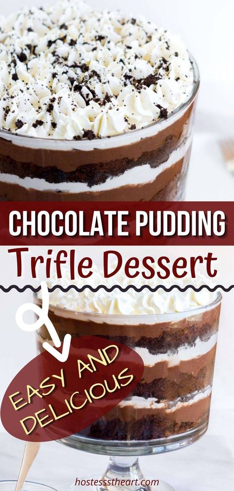 Chocolate Pudding Trifle, Trifle Chocolate, Chocolate Trifle Recipe, Chocolate Trifle Desserts, Pudding Desserts Layered, Chocolate Pudding Cake Recipe, Pudding Trifle, Trifle Bowl Recipes, Easy Chocolate Pudding