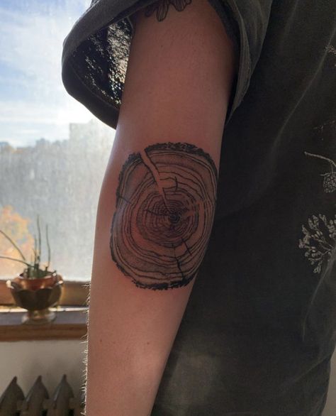 Wood Tattoo Sleeve, Tattoos To Get For Family, Forks Washington Tattoo, Nature Knee Cap Tattoo, Tree Cuff Tattoo, Big Tattoo Designs Men, Oak Sapling Tattoo, Granola Patchwork Tattoos, Black And Brown Tattoo