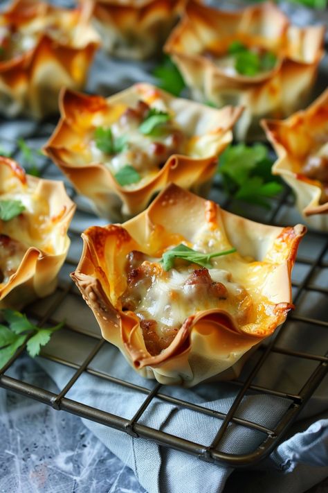 Delicious Sausage Wonton Cups Wonton Quiche Cups, Guacamole Shrimp Wonton Cups, Won Ton Sausage Appetizers, Sausage Wonton Cups, Wonton Wrapper Recipes Appetizers, Bunco Snacks, Jimmy Dean Sausage Recipes, Wonton Cups Appetizers, Wonton Appetizers