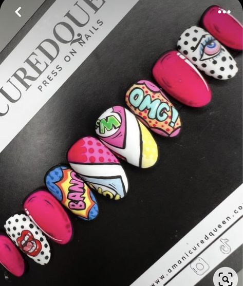 Comic Nail Art, Comic Book Nails, Maroon Nail Art, Book Nail Art, Maroon Nail, Graffiti Nails, Pop Art Nails, Boho Nails, Funky Nail Art