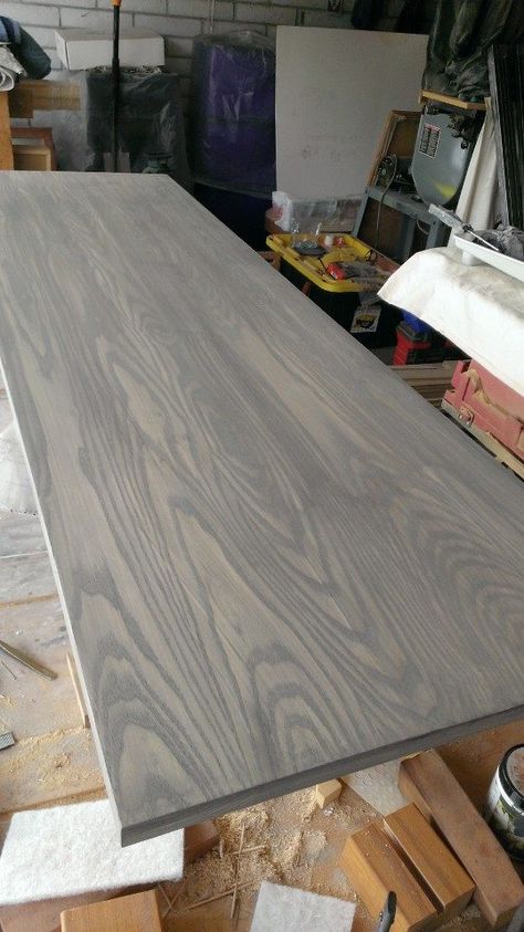 Gray wash on Ash tabletop Gray Wood Countertops, Gray Wash Stained Wood, Grey Stained Wood Table, Grey Stained Pine Wood, Gray Stained Butcher Block Countertops, Gray Stained Table Top, Stained Plywood Floors, Grey Wash Wood, Kennel Furniture