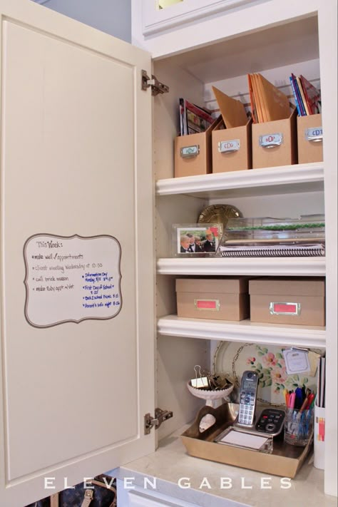 Operation: Organization--Command Center Kitchen Cupboard | 11 Magnolia Lane Kitchen Desk Organization, Command Station, Hide Appliances, Command Center Kitchen, Home Command Center, Command Centers, Family Organization, Organizing Solutions, Super Organized