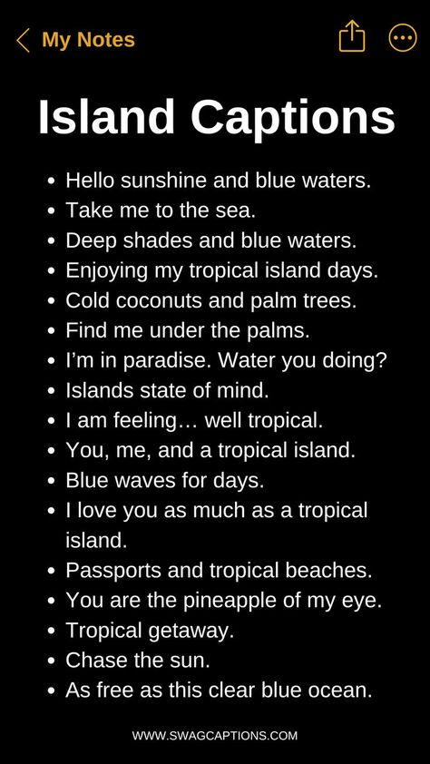 Discover the ultimate collection of island-inspired captions perfect for your Spring Break getaway! From sandy shores to palm-fringed beaches, these captions will add a touch of tropical flair to your Instagram posts. Whether you're soaking up the sun with a fruity drink in hand or exploring hidden gems of paradise, find the perfect words to capture every moment of your island adventure. Island Life Quotes, Instagram Captions For Pictures, Dope Captions For Instagram, Vacation Captions, Of Captions, Island Quotes, One Word Instagram Captions, Describing Words, Short Instagram Quotes