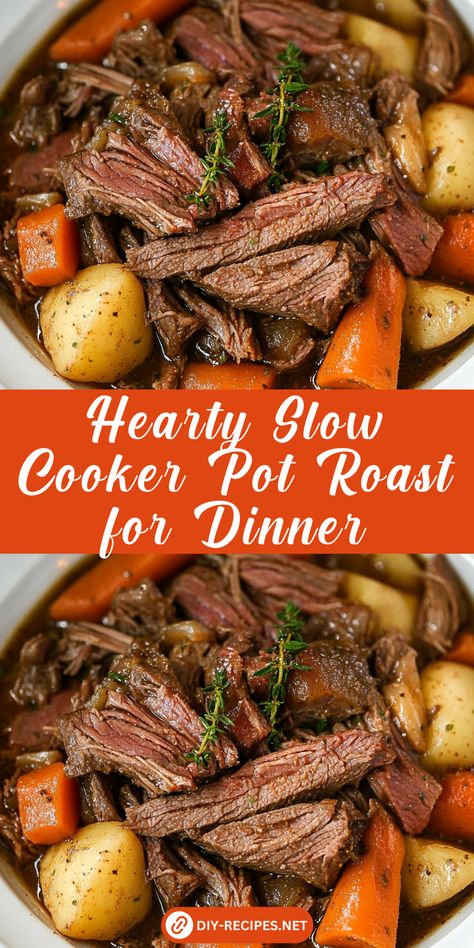 Serve up a warm and hearty dinner with this Slow Cooker Pot Roast recipe. Packed with seasoned beef, carrots, and potatoes, it's perfect for cozy nights! Crockpot Beef Recipes Pot Roast, Beef And Carrots Crockpot, Crock Pot Roast Carrots And Potatoes, Crockpot Roast Seasoning Easy Recipes, Slow Cooker Pot Roast Healthy, Roast Beef Pepperoncini Crock Pot, Chuck Roast Crock Pot Recipes With Mashed Potatoes, Easy Healthy Pot Roast Crock Pot Recipes, Pot Roast With Worcestershire Sauce