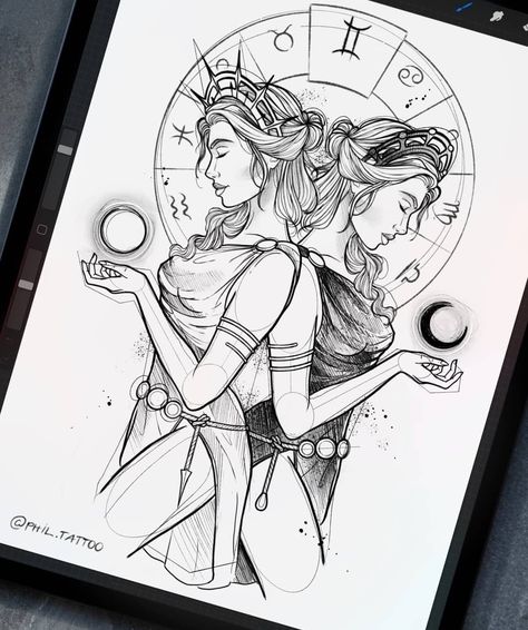 Gemini Art, Gemini Tattoo, Zodiac Tattoos, Zodiac Tattoo, Tattoo Art Drawings, Dark Art Drawings, Zodiac Art, Pencil Art Drawings, Tattoo Design Drawings