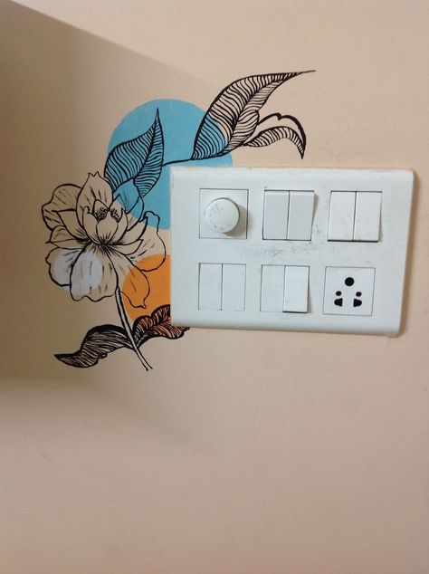 Wall Painting Around Switch Board, Switch Board Painting Switch Board Painting Wall Art, Switchboard Art Design For Bedroom, Painting Switch Boards, Switchboard Painting Ideas Creative, Painting On Switchboard, Wall Switchboard Painting, Drawing Near Switch Board, Switch Wall Painting