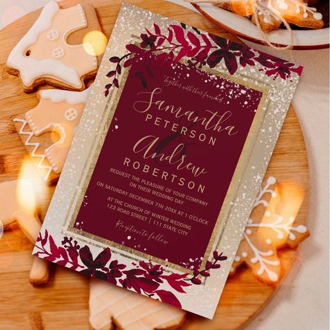 gold typography leaf snow red winter wedding invitation Christmas Invitations Wedding, Christmas Wedding Invites, Christmas Wedding Ideas Elegant, Christmas Time Wedding, Red Winter Wedding, Elegant Christmas Wedding, Elegant Winter Wedding Invitations, Wedding Christmas Card, Green Typography