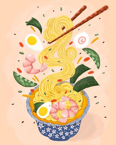 This udon noodle illustration is making us hungry. 🍜 🤤 Skillshare project by @peonyspace (on Instagram) Class by @yifatfishman (on Instagram) Onigiri Illustration, Noodle Drawing, Noodles Drawing, Noodle Illustration, Noodles Illustration, Soup Illustration, Soup Art, Noodle Doodle, Noodle Art