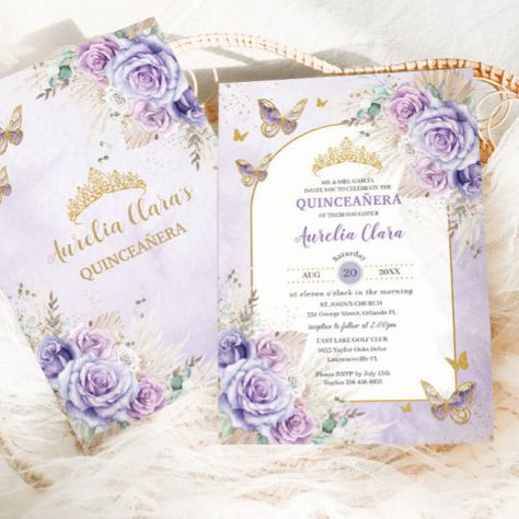 Boho Chic Pampas Purple Lilac Floral Quinceañera #pampasgrassdriedpalms #purplelavenderlilacrosesflowers #rusticbohemianbohosweet #quinceaneramisquincexvinvitation #spanishmexicanquinceanerasweet16 #elegantchic16thbirthdayinvites #18thbirthdaysweetsixteenparty #softwatercolorrosefloral #vintagebutterfliesprincessgoldcrown #archwindowgoldfoilframe Mexican Quinceanera, Quinceañera Invitation, Quince Invitations, Butterfly Invitations, Floral Tiara, Rose Gold Invitations, Sweet Sixteen Invitations, Sweet Sixteen Parties, Lilac Roses